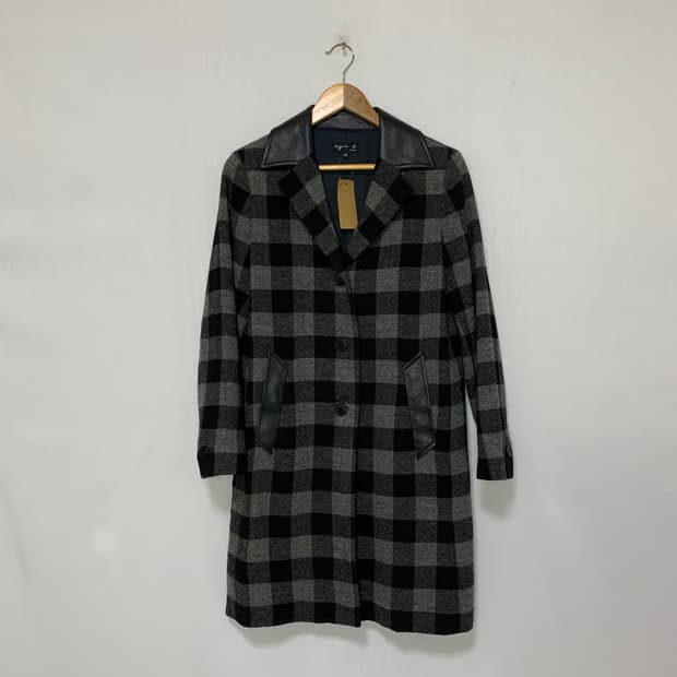 아네스베 빈티지 레더 배색 체크 롱코트 36사이즈