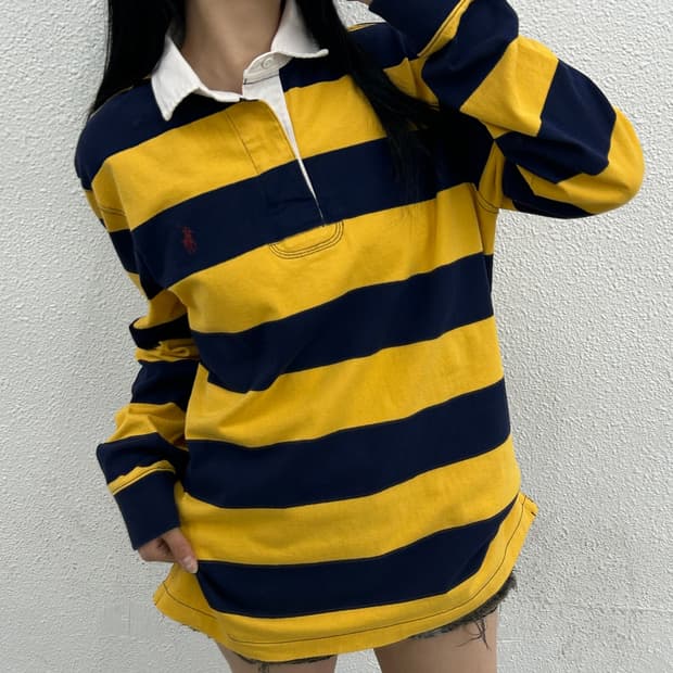 폴로 랄프로렌 와인포니 네이비 옐로우 스트라이프 럭비티 M