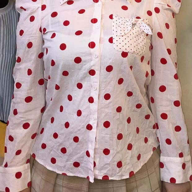 jpn 레드 도트 리본 블라우스