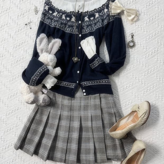 버니 노르딕 패턴 가디건 리즈리사 니트 울 스커트 3pcs SET