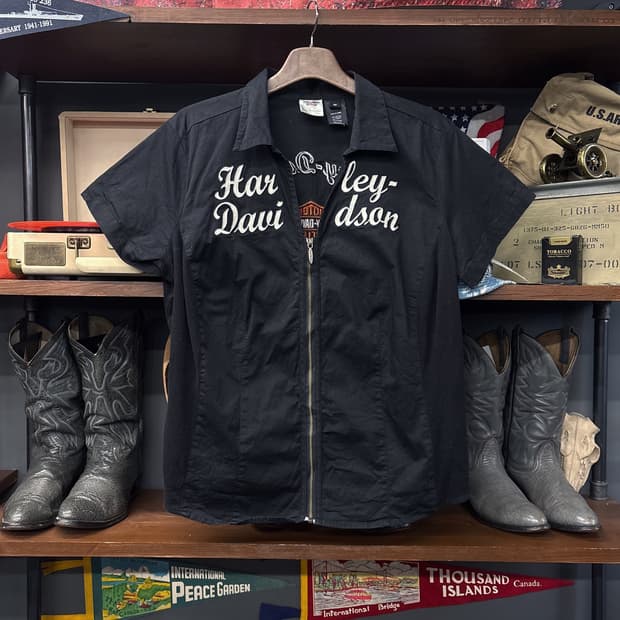 할리데이비슨 Y2K 스판라이닝 윙로고 패치 오픈카라 집업셔츠 N1069