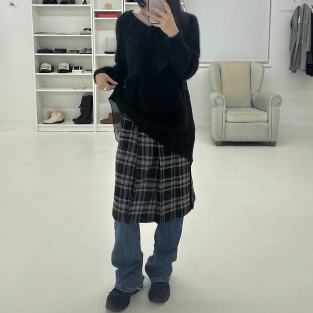 꾸레쥬 체크 미디 스커트