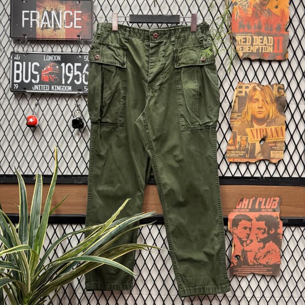 JPN VINTAGE 밀리터리 카고 팬츠 사이드 빅포켓 포인트 그린