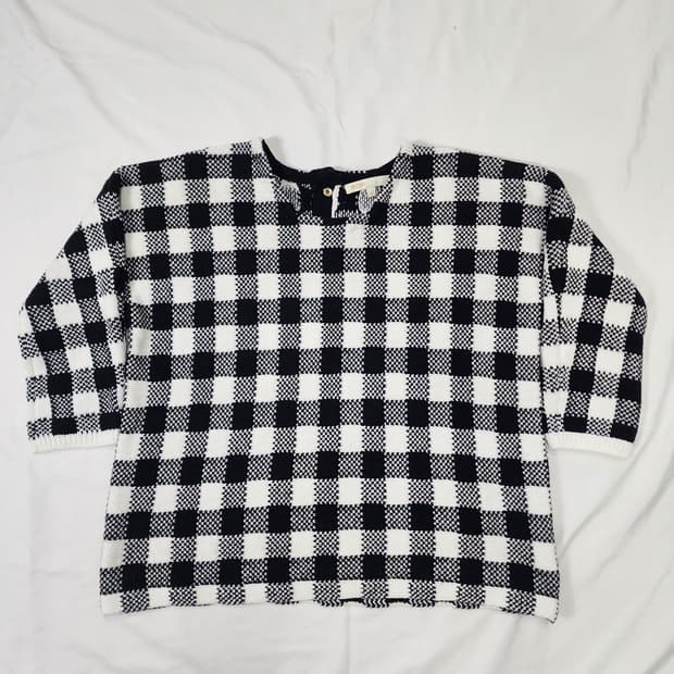 마쥬 블랙 화이트 체크 크롭 니트 반팔