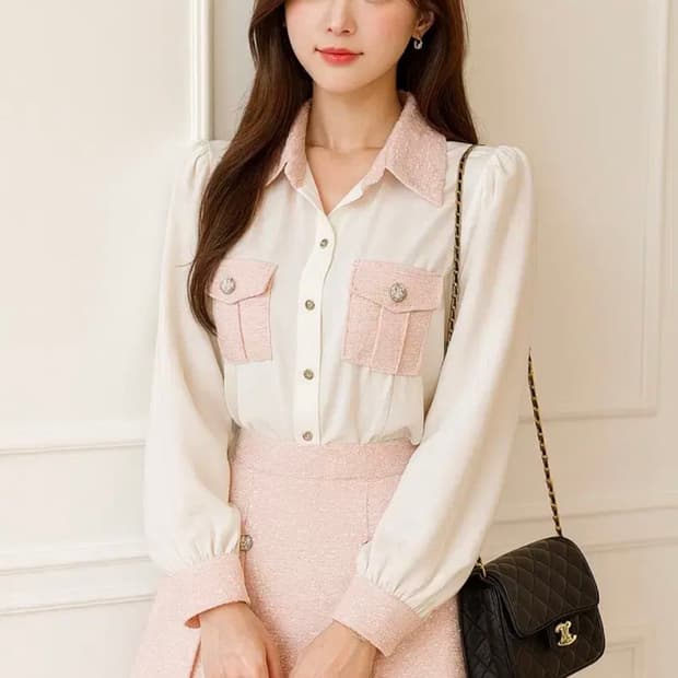 [새상품] 트위드 핑크 블라우스 스커트 세트