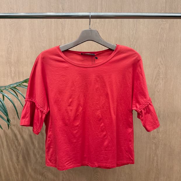 워크엔드 막스마라 슬리브 라운드넥 블라우스 프릴 디테일 레드