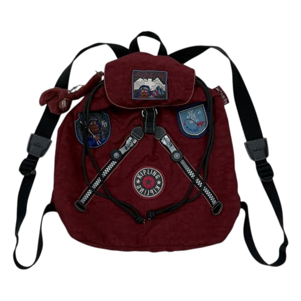 키플링 빈티지 희귀 Y2K 패치워크 복조리 드로우 백팩 가방 버건디 레드