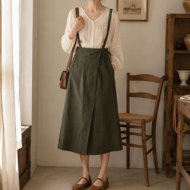 H/standard 카키 멜빵 랩 린넨스타일미디 스커트 (S size)
