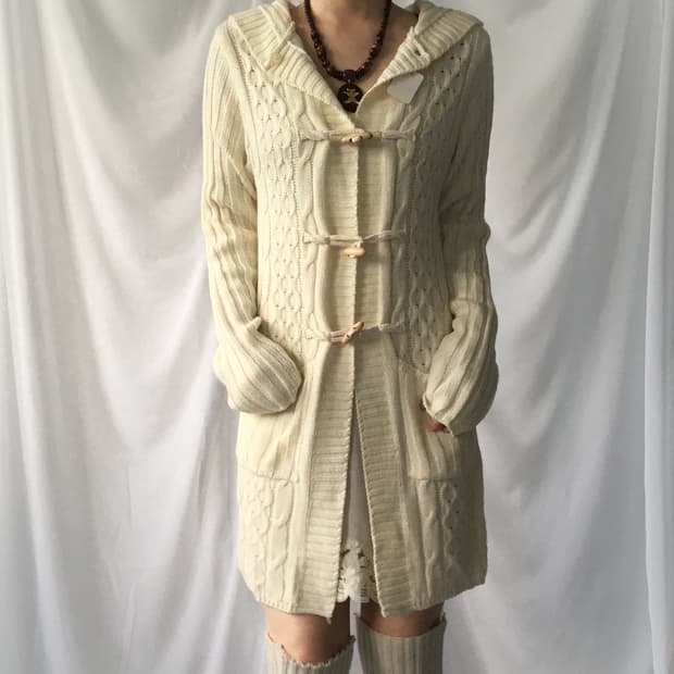 Duffle button cable pattern hood cardiga