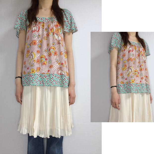 츠모리치사토 그린 핑크 플로럴 탑