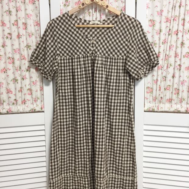 빈티지 브라운 고방체크 반팔 블라우스