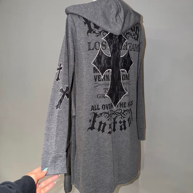 M K R lace cross drape hood cardigan