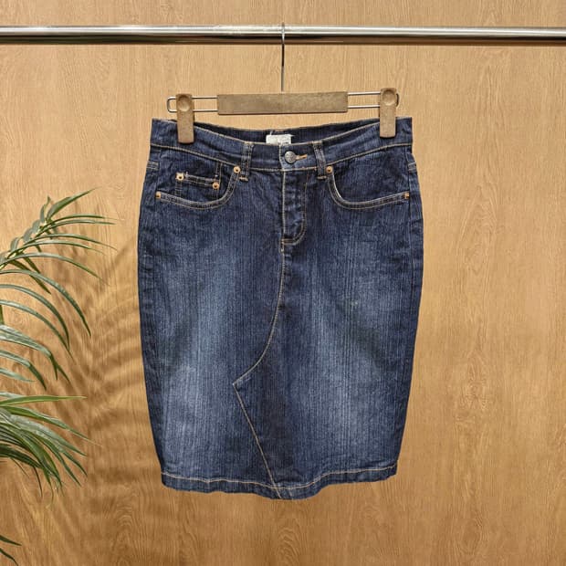 캘빈클라인 진스 워싱 데님 미디 스커트 포켓 스티치 디테일 인디고 블루