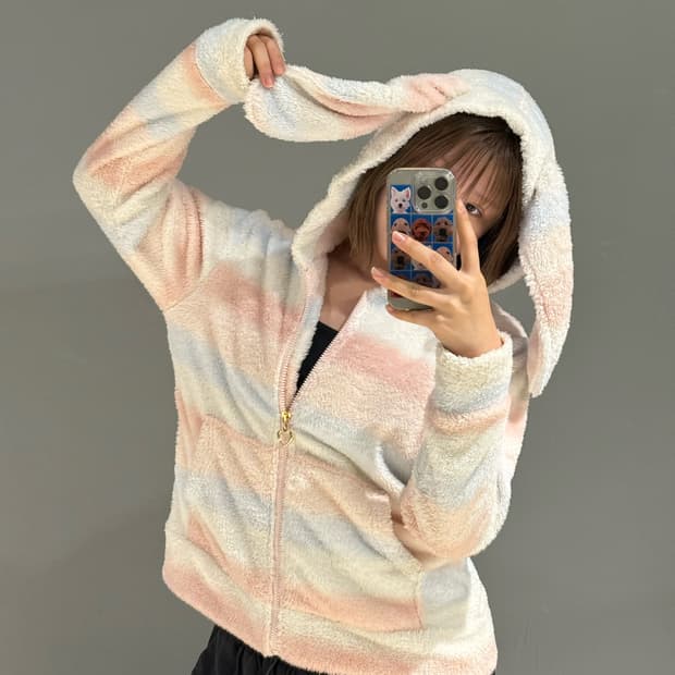rabbit ear point stripe hood zip-up
