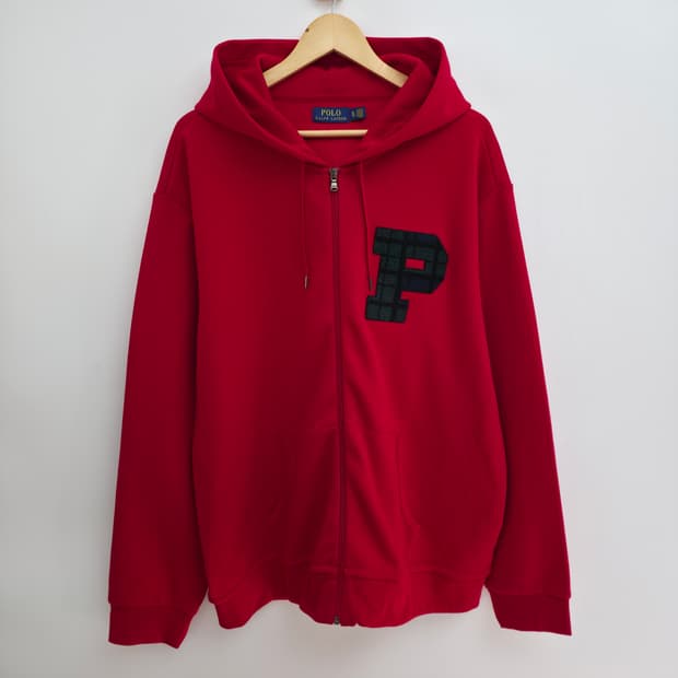 [XL] 폴로 랄프로렌 체크 로고 패치 레드 후드 집업