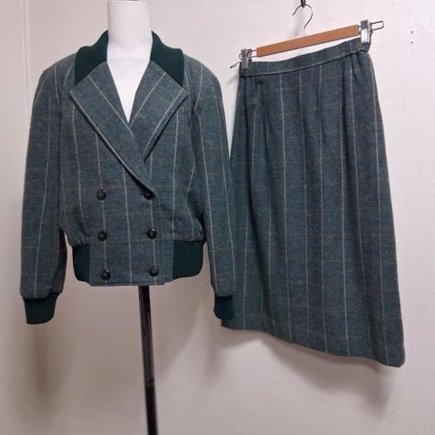 MELF 일본빈티지 그린체크 모직투피스 셋업 레트로가오리핏 55 66 2