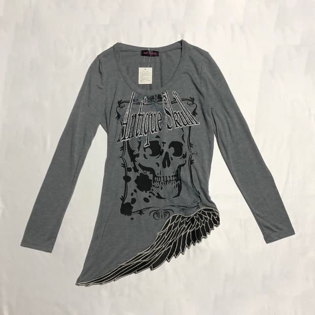 스컬 펑크 날개 티셔츠 그레이