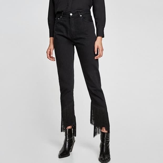 자라 프린지 디테일 레귤러핏 스트레이트 미드라이즈 블랙진 40 새상품