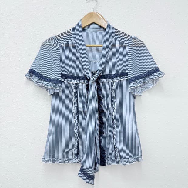 빈티지 Axes Femme 블루 스트라이프 리본 레이스 블라우스