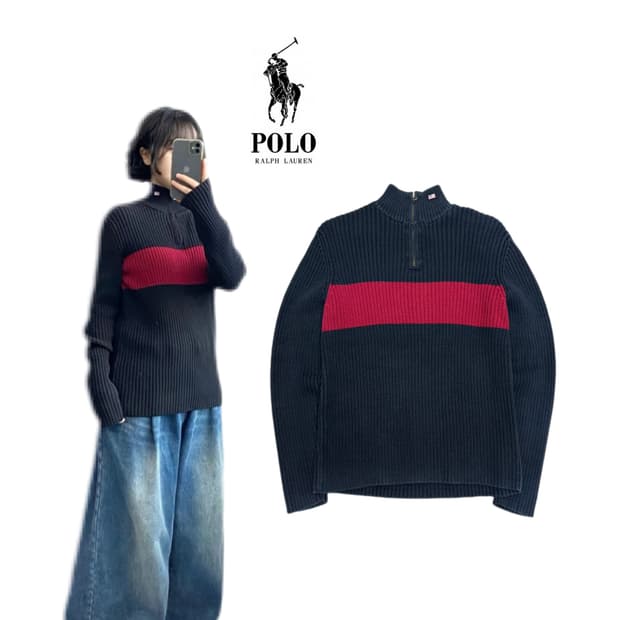 폴로 성조기 스몰로고 아노락 딱붙 니트