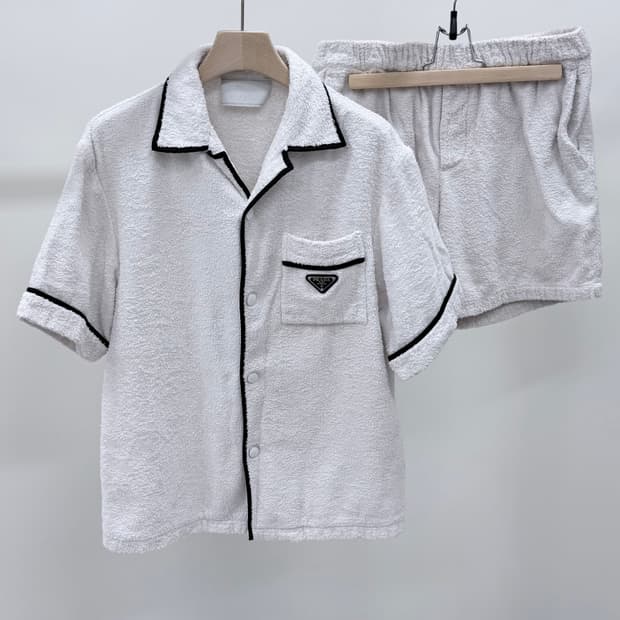 [S+급/오버핏S] 프라다 삼각로고 테리 코튼 볼링 반팔 셔츠 셋업