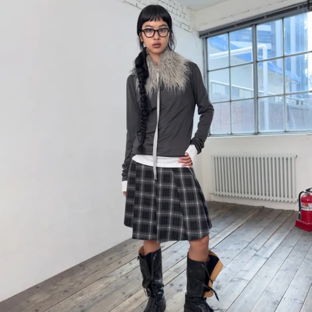 포르테나 체크스커트 SNAP WRAP CHECK PLEATS SKIRT