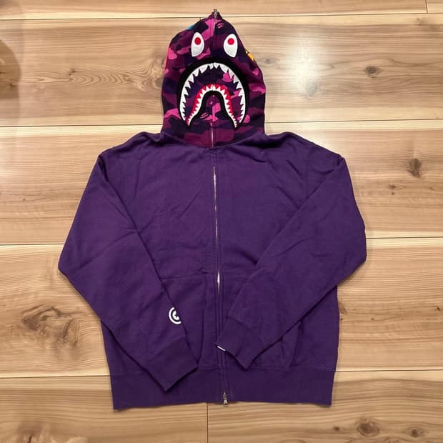 베이프 컬러 카모 샤크 풀 집 후드 퍼플