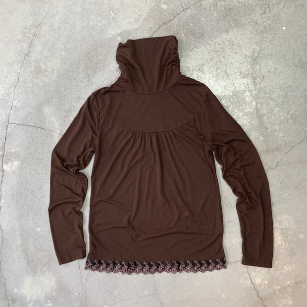 brown shirred lace turtleneck top