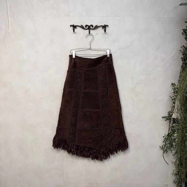 Dark brown suede crochet fringe skirt