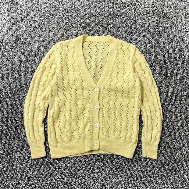vinteちきゅ. 네모단추 폼폼푸린 노란색 니트 스웨터 가디건 