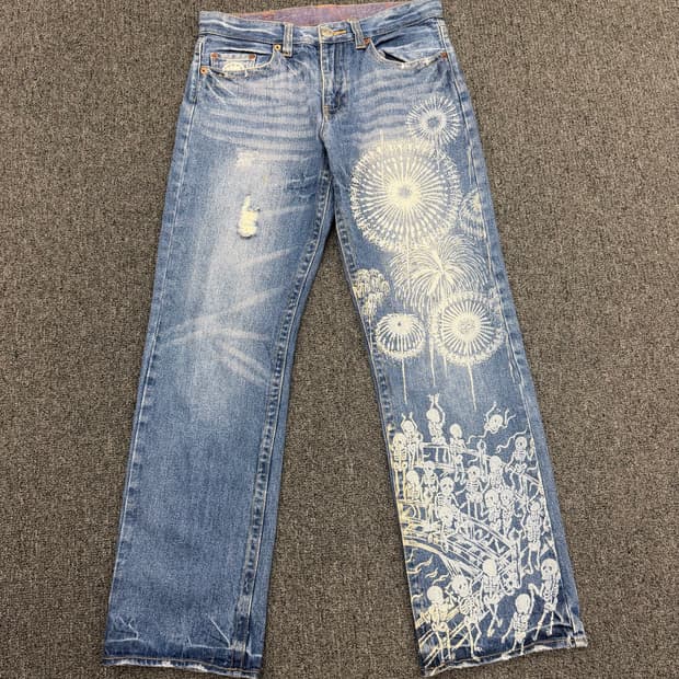 M) Buden jeans 빈티지 스컬 프린팅 데님팬츠
