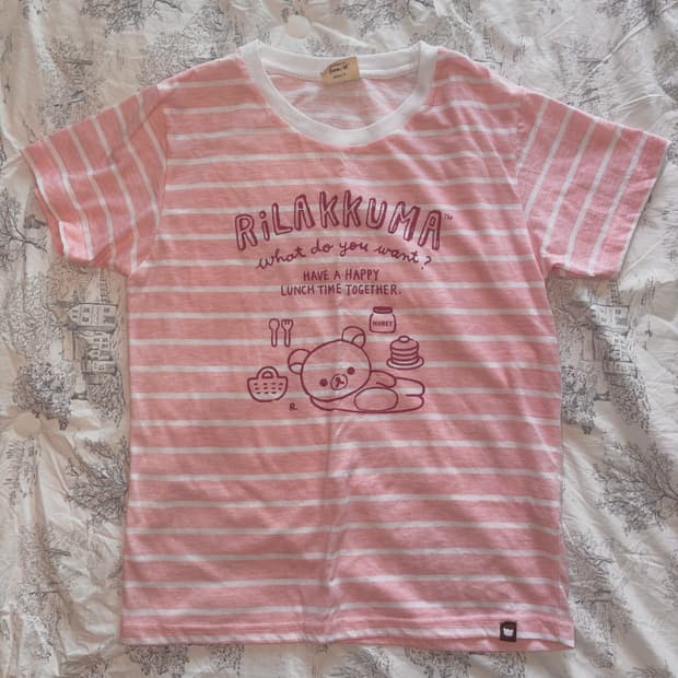 리락쿠마 핑크 딸기우유 스트라이프 반팔티 모리걸