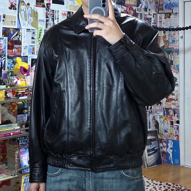 인디안 스트라이프 안감 양가죽 블랙 봄버 자켓