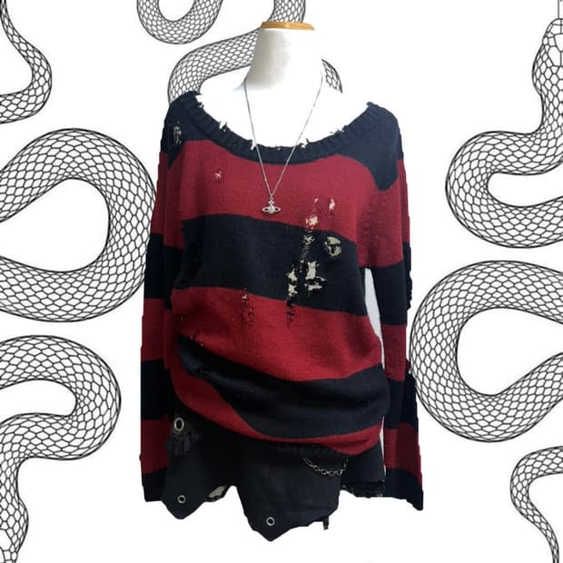 펑크 레드 그런지 니트 탑