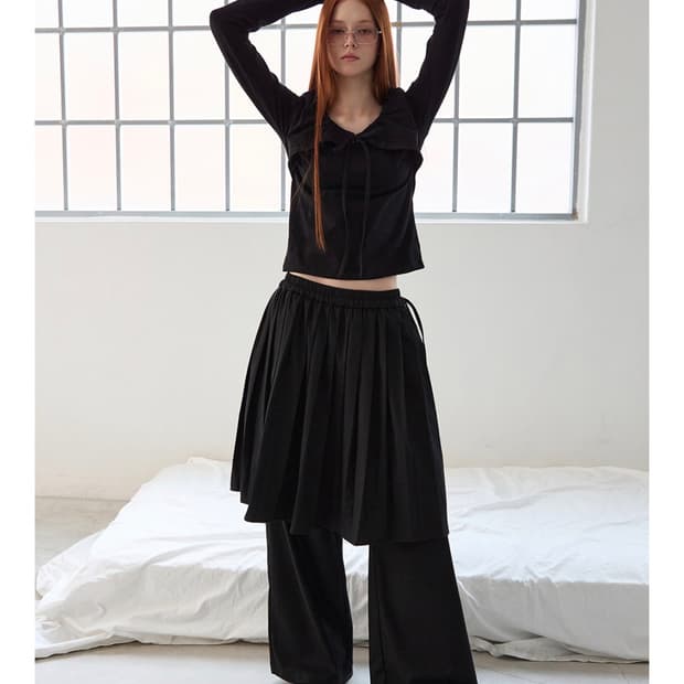 렌세 rense 스트라이프 플리츠 스커트 레이어드 팬츠 블랙 