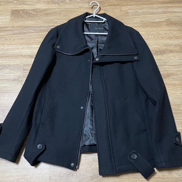 [카이아크만] 남성 하이넥 비대칭 지퍼 울 코트 블랙 - L사이즈