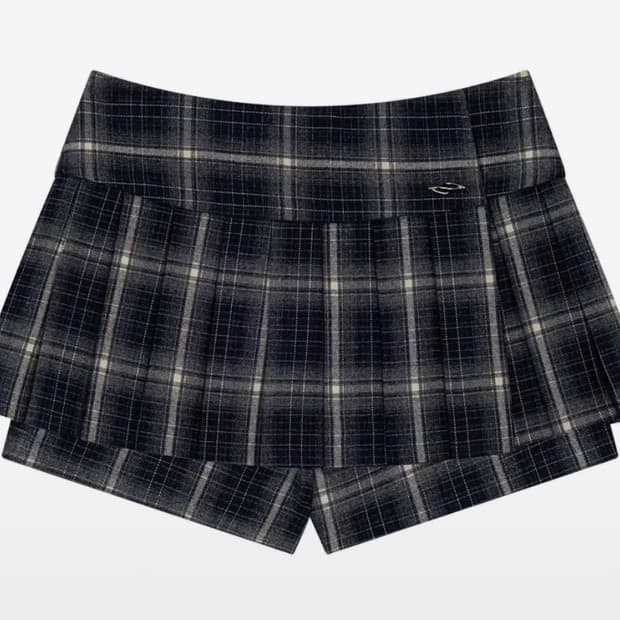 포르타 CHECK PLEATS MINI SKIRT SHORTS, NAVY