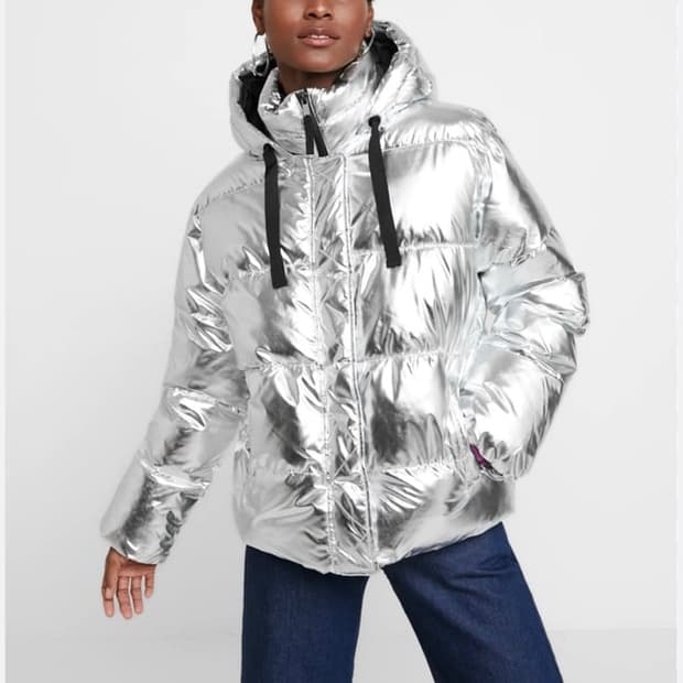 Gap 실버 후디드 글로시 푸퍼 패딩 XL