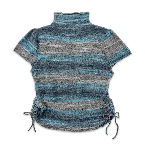 빈티지 스카이 그레이 리본 하이넥 반팔 니트