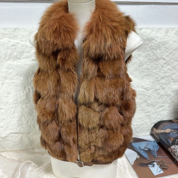 빈티지 브라운 폭스퍼 여우털 양가죽 조끼 베스트