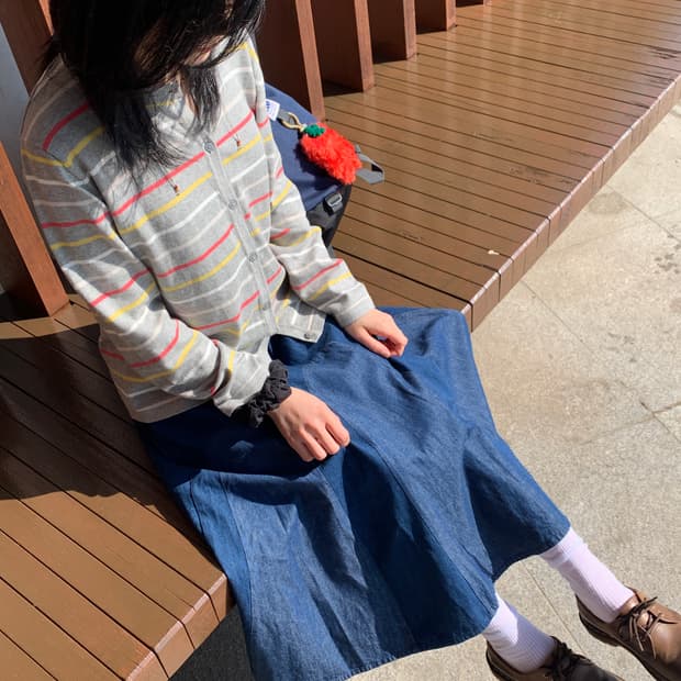 데님 배색 플레어 롱 스커트