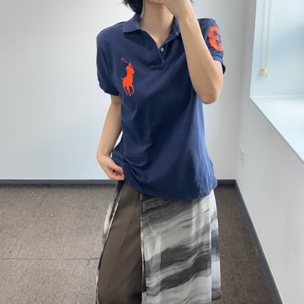 Polo 폴로 오렌지 빅포니 네이비 카라 반팔티
