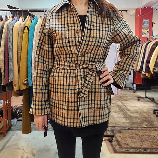 DAKS 닥스 일본판 울 블렌드 리버시블 (양면) 체크 벨트 빈티지 코트