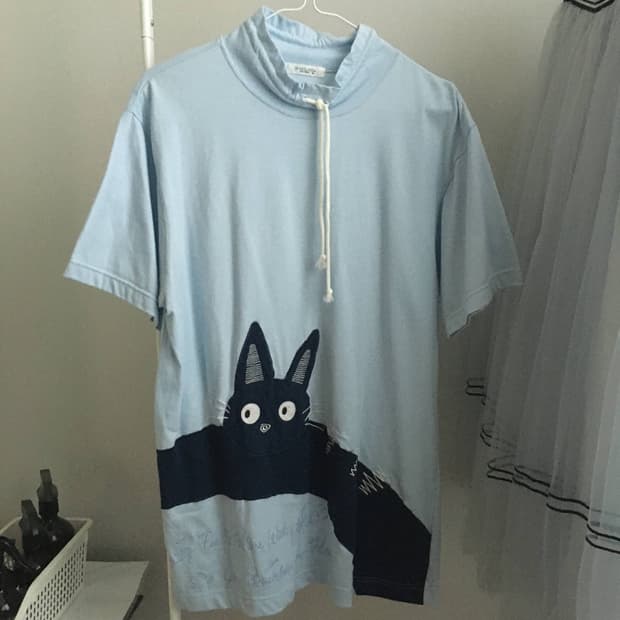JPN 일본빈티지 고양이 반팔티 모리걸 네코 패치 하늘색 핀터깔