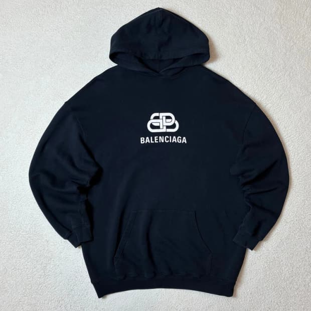 발렌시아가 블랙 BB 로고 오버핏 후드 티셔츠 PN6660   