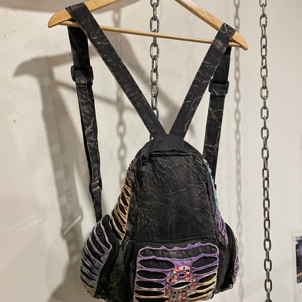 십자가 자수 퍼플 블랙 그런지 워싱 백팩 히피 오리엔탈