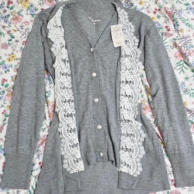 일본빈티지)보헤미안 하구미모리걸st 로맨틱 레이스 레이어드 그레이 가디건