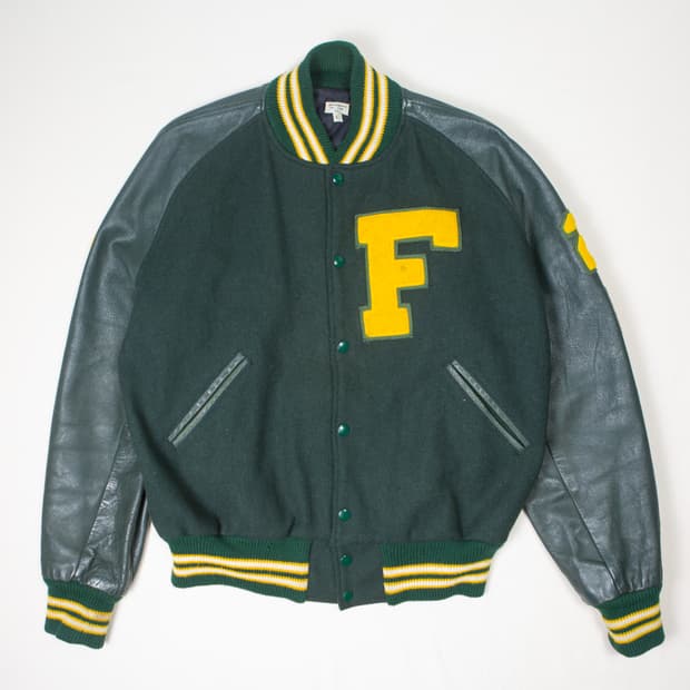 90s 레더암 패치워크 바시티 자켓 딥 그린