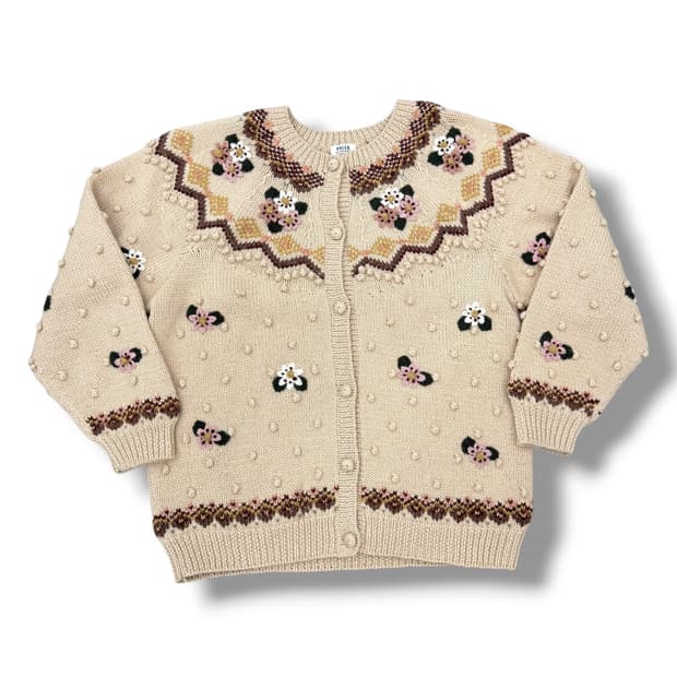 JPN 빈티지 패턴 폼폼이 플라워 울 니트 가디건 