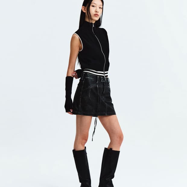 마뗑킴 뒤 로고 스펠 포인트 스트라이프 니트집업 베스트 S